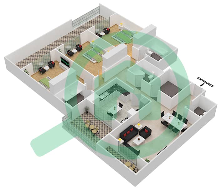 المخططات الطابقية لتصميم النموذج 1B شقة 3 غرف نوم - روكسانا ريزيدنس interactive3D
