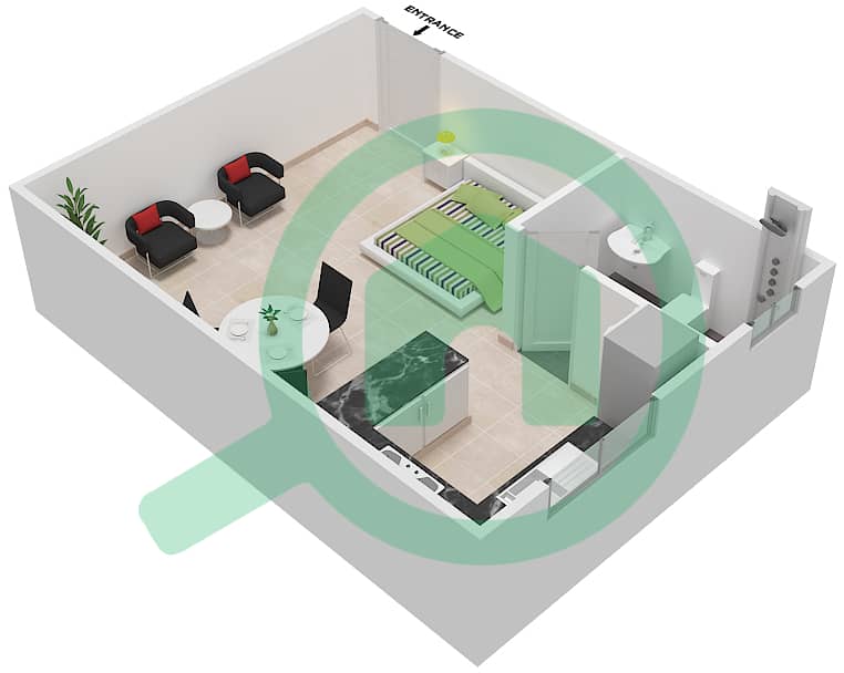المخططات الطابقية لتصميم الوحدة 6,8 شقة استوديو - بناية روز 1 interactive3D