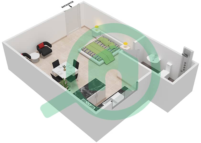 المخططات الطابقية لتصميم الوحدة 7 شقة استوديو - بناية روز 1 interactive3D