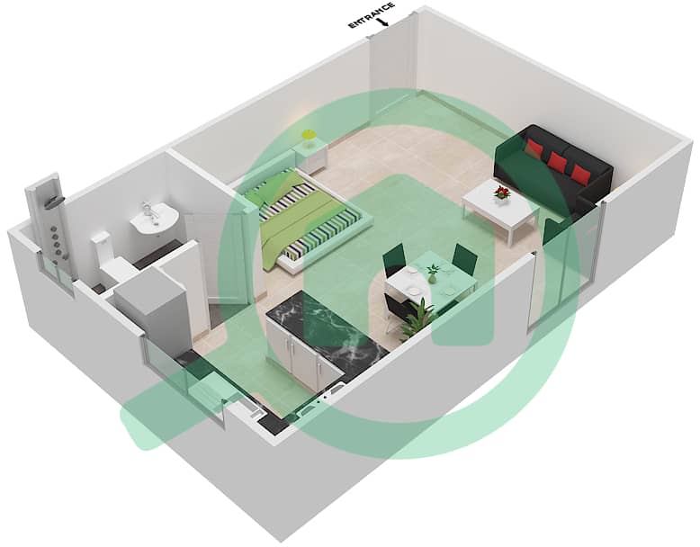 المخططات الطابقية لتصميم الوحدة 5,9 شقة استوديو - بناية روز 1 interactive3D