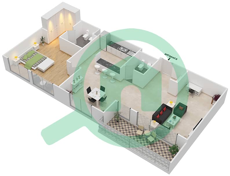 المخططات الطابقية لتصميم النموذج A شقة 1 غرفة نوم - امواج 5 interactive3D