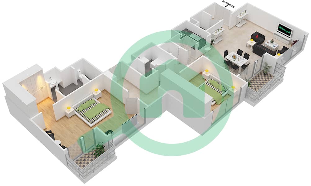 المخططات الطابقية لتصميم النموذج D شقة 2 غرفة نوم - امواج 5 interactive3D