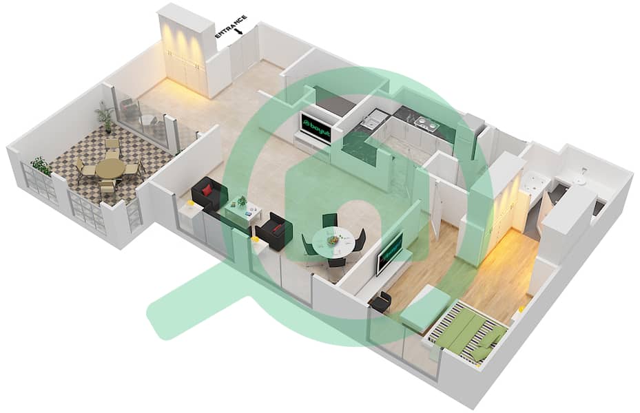 المخططات الطابقية لتصميم النموذج B شقة 1 غرفة نوم - امواج 5 interactive3D