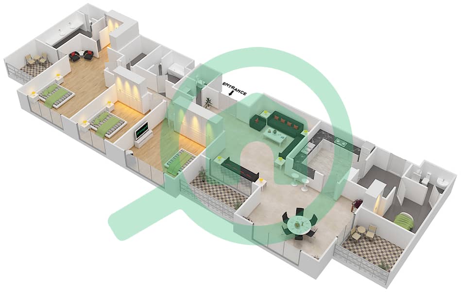 المخططات الطابقية لتصميم النموذج E شقة 3 غرف نوم - امواج 5 interactive3D