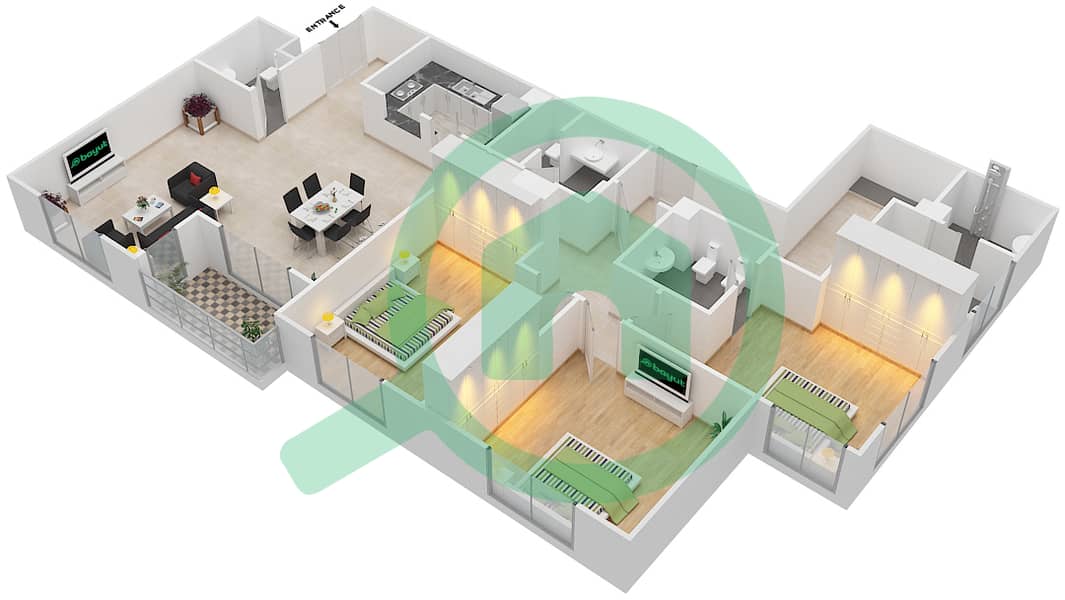 المخططات الطابقية لتصميم النموذج F شقة 3 غرف نوم - امواج 5 interactive3D