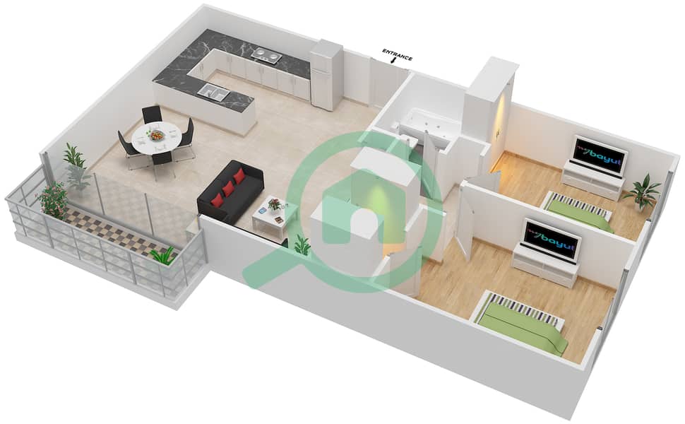 المخططات الطابقية لتصميم النموذج A شقة 2 غرفة نوم - فوكس هيل 1 interactive3D