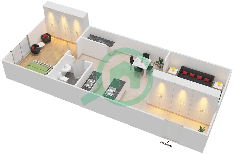 المخططات الطابقية لتصميم النموذج B شقة 1 غرفة نوم - فوكس هيل 1 interactive3D