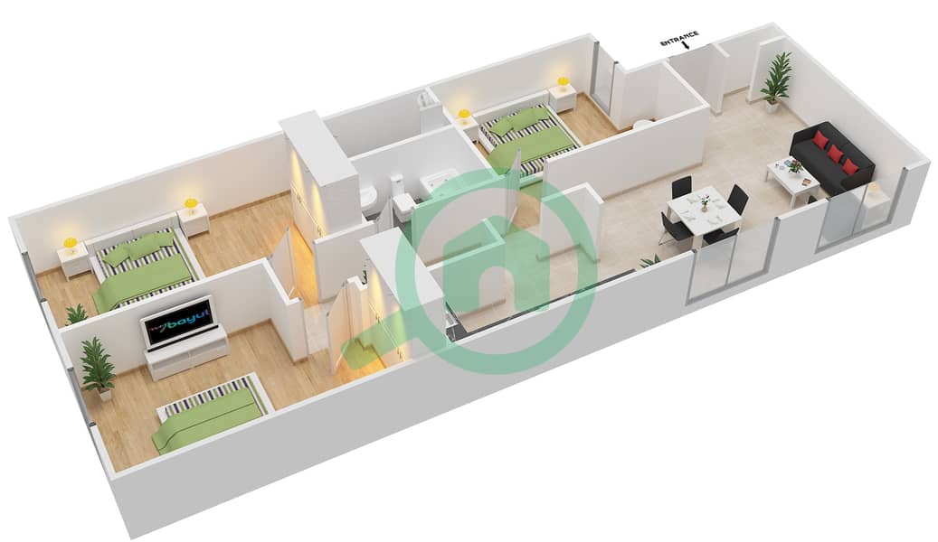 المخططات الطابقية لتصميم النموذج C شقة 3 غرف نوم - فوكس هيل 1 interactive3D