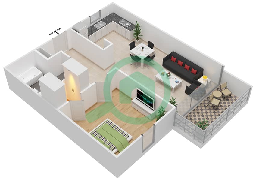 المخططات الطابقية لتصميم النموذج D شقة 1 غرفة نوم - فوكس هيل 1 interactive3D