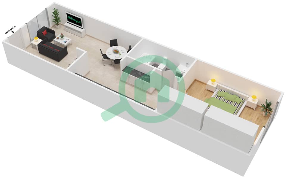 المخططات الطابقية لتصميم النموذج G شقة 1 غرفة نوم - فوكس هيل 1 interactive3D