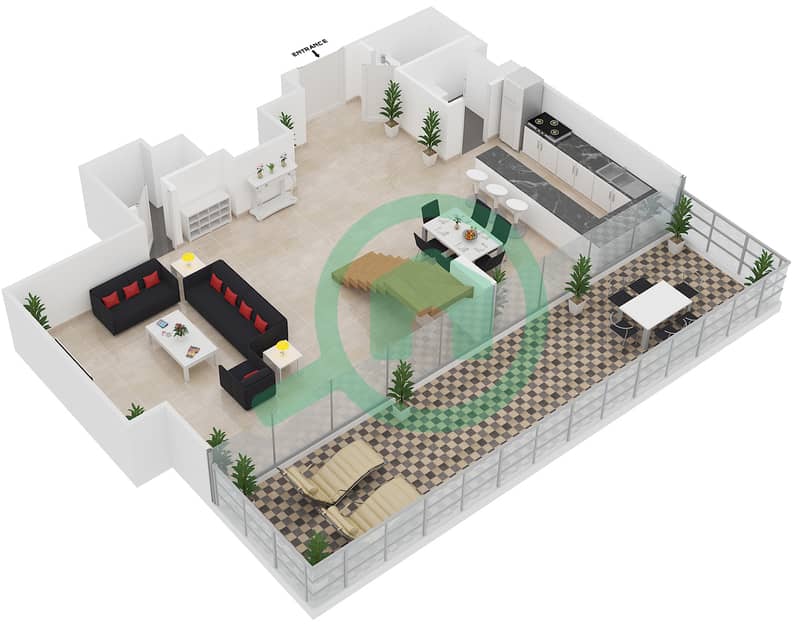 المخططات الطابقية لتصميم الوحدة 8 شقة 2 غرفة نوم - مساكن النسيم B Pontoon Floor interactive3D