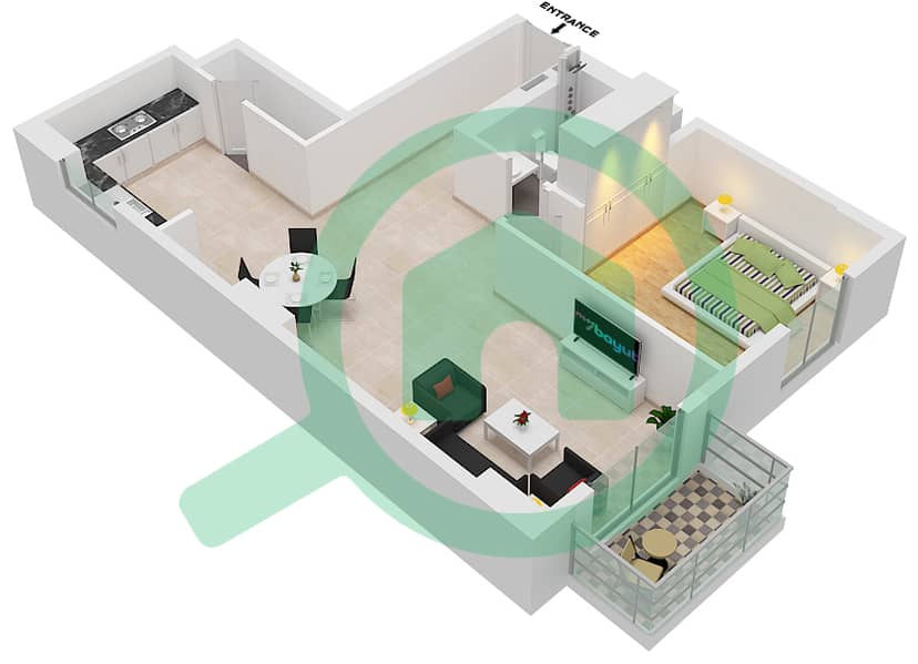 المخططات الطابقية لتصميم النموذج 2 شقة 1 غرفة نوم - برج لا كوت 1 Floor 2-5 interactive3D
