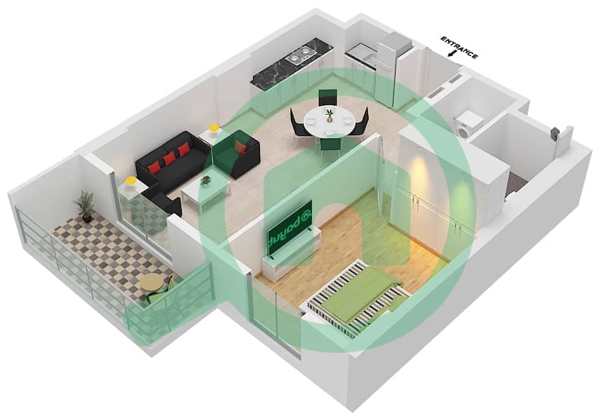 المخططات الطابقية لتصميم النموذج 3 شقة 1 غرفة نوم - برج لا كوت 1 Floor 1-6 interactive3D