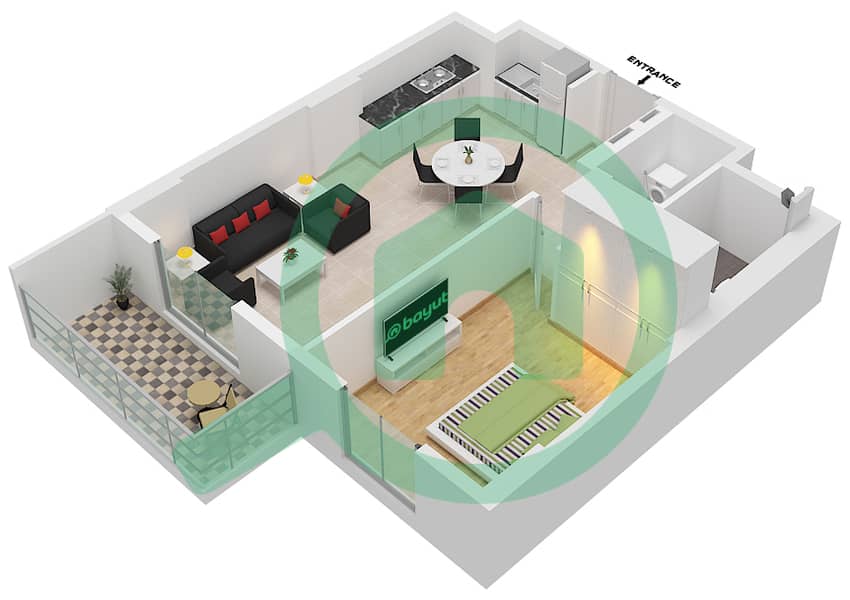 المخططات الطابقية لتصميم النموذج 4 شقة 1 غرفة نوم - برج لا كوت 1 Floor 2-6 interactive3D
