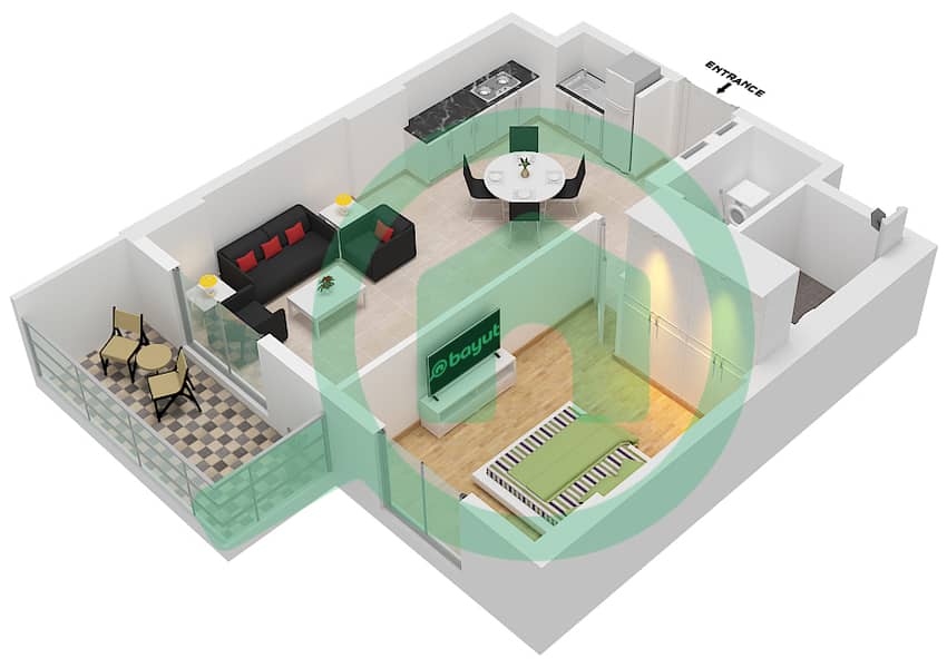 المخططات الطابقية لتصميم النموذج 5 شقة 1 غرفة نوم - برج لا كوت 1 Floor 2-6 interactive3D
