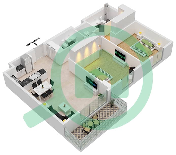 المخططات الطابقية لتصميم النموذج 1 شقة 2 غرفة نوم - برج لا كوت 1 Floor 1-6 interactive3D