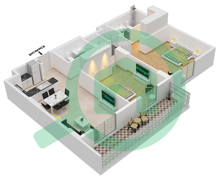 المخططات الطابقية لتصميم النموذج 3 شقة 2 غرفة نوم - برج لا كوت 1 Floor 1 interactive3D