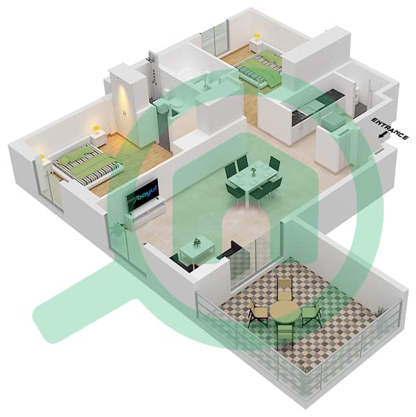 المخططات الطابقية لتصميم النموذج 5A شقة 2 غرفة نوم - برج لا كوت 1 Floor 1 interactive3D