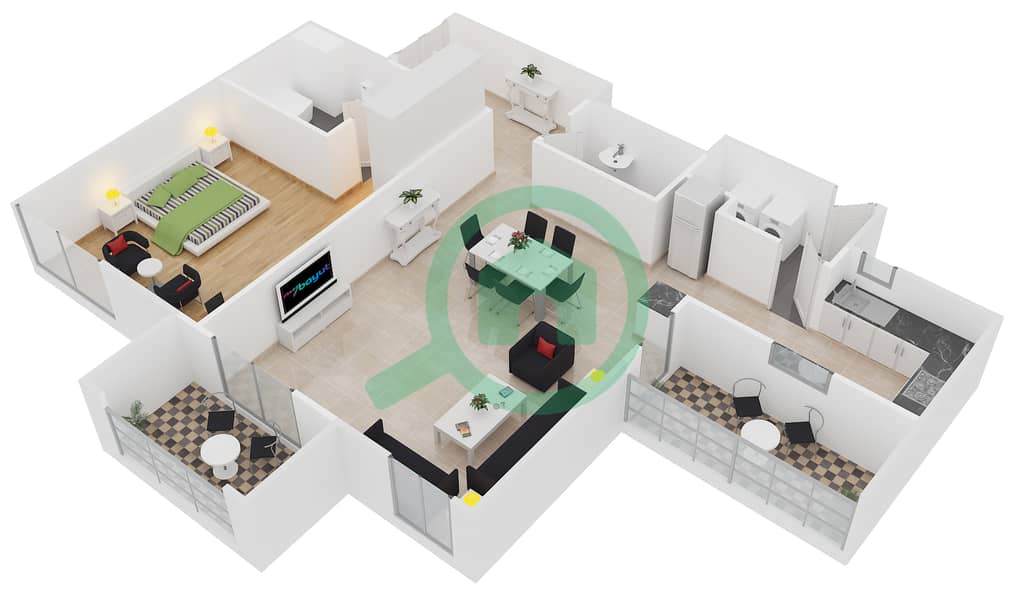 المخططات الطابقية لتصميم الوحدة 15 شقة 1 غرفة نوم - مرجان 1 interactive3D