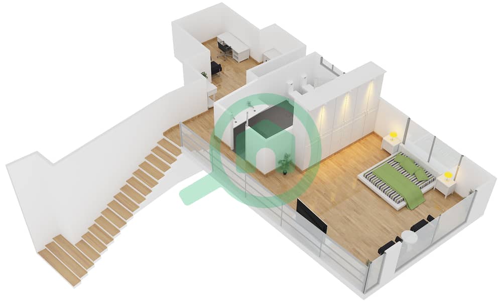 المخططات الطابقية لتصميم الوحدة L02 شقة 1 غرفة نوم - مرجان 1 Lower Floor interactive3D