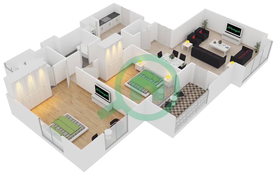 慕然恩1号楼 - 2 卧室公寓单位22戶型图 interactive3D