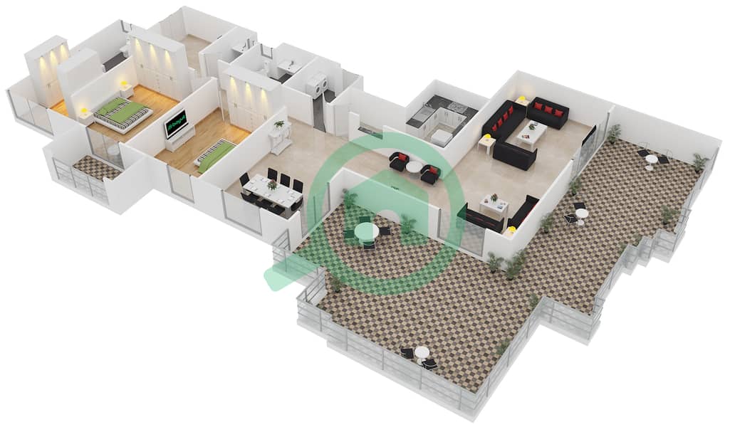المخططات الطابقية لتصميم الوحدة 6210 شقة 2 غرفة نوم - مرجان 1 interactive3D