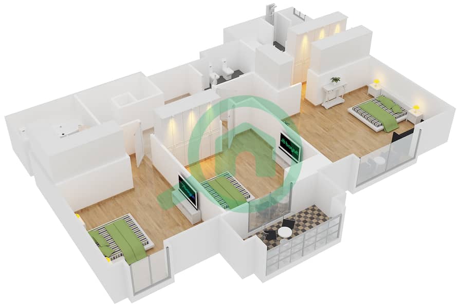 المخططات الطابقية لتصميم الوحدة LP02 شقة 3 غرف نوم - مرجان 1 Upper Floor interactive3D