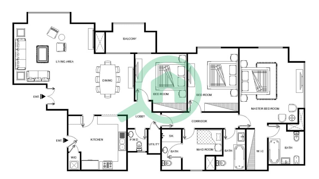 المخططات الطابقية لتصميم الوحدة P01 شقة 3 غرف نوم - مرجان 1 interactive3D