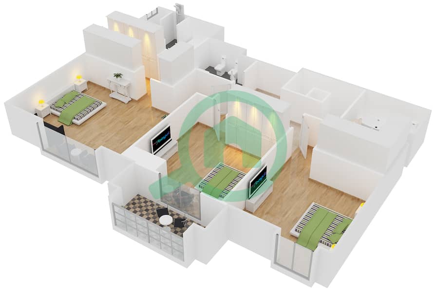 慕然恩1号楼 - 3 卧室公寓单位LP03戶型图 Upper Floor interactive3D