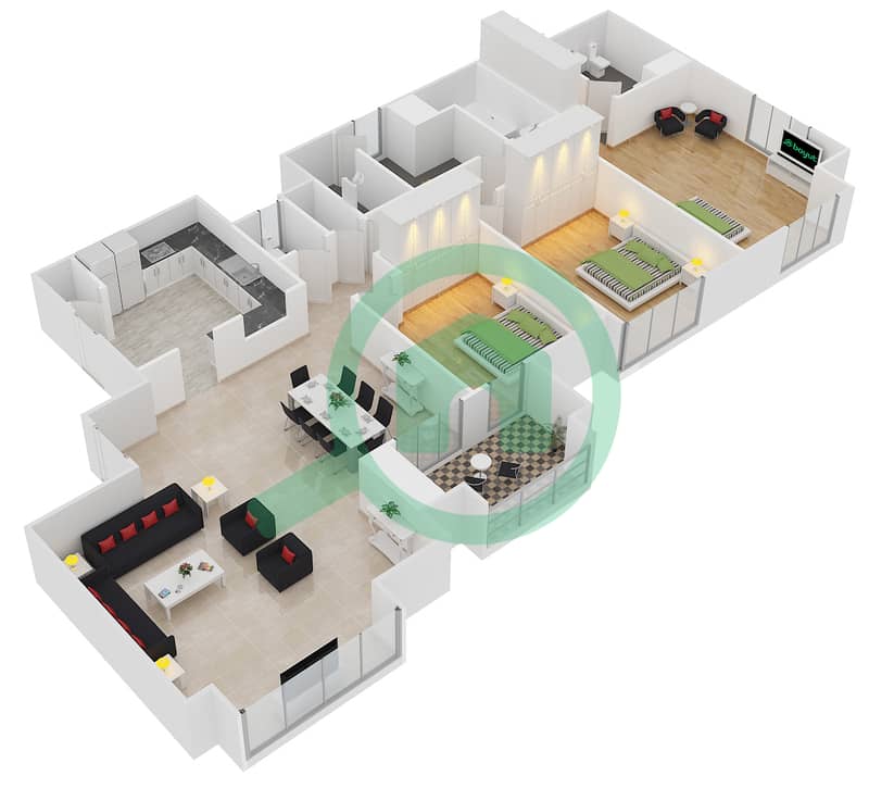 Murjan 1 - 3 Bedroom Apartment Unit P03 Floor plan interactive3D