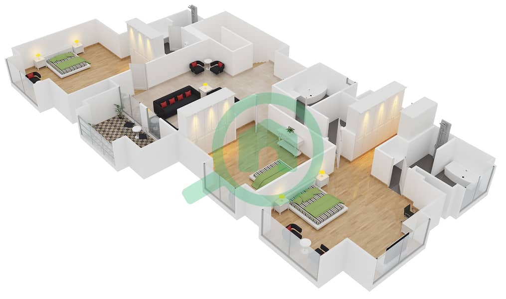 المخططات الطابقية لتصميم الوحدة LP04 شقة 4 غرف نوم - مرجان 1 Upper Floor interactive3D