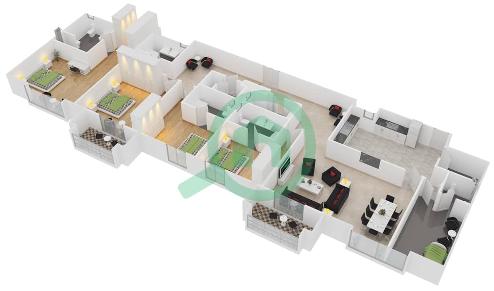 慕然恩1号楼 - 4 卧室公寓单位P02戶型图 interactive3D