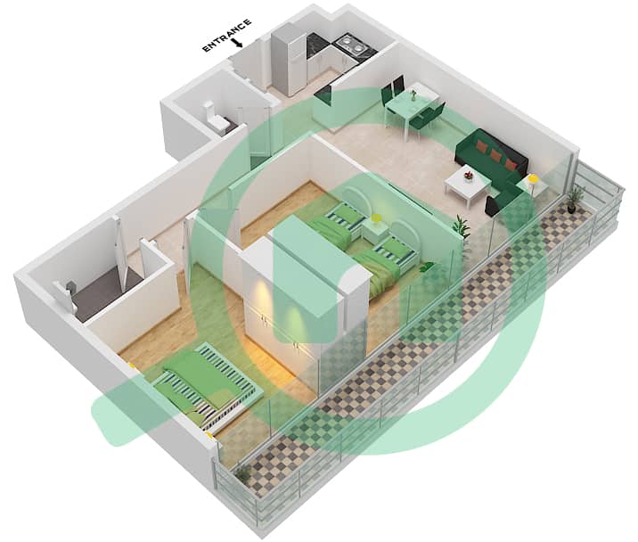 المخططات الطابقية لتصميم النموذج A شقة 2 غرفة نوم - ذا جيت interactive3D