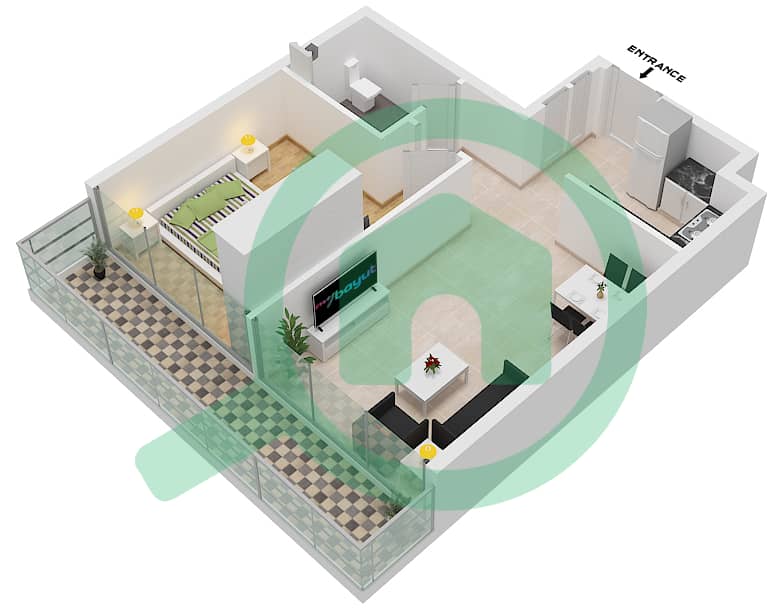 المخططات الطابقية لتصميم النموذج A شقة 1 غرفة نوم - ذا جيت interactive3D