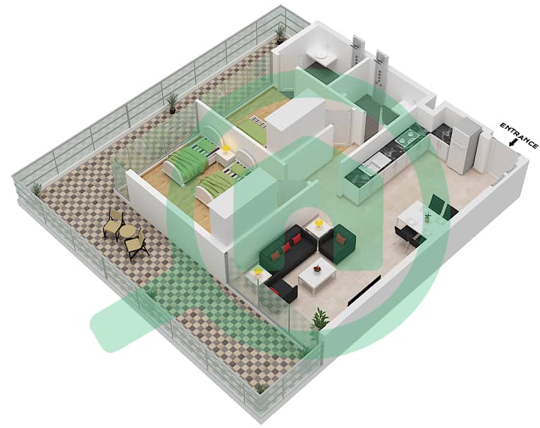 المخططات الطابقية لتصميم النموذج B شقة 2 غرفة نوم - ذا جيت interactive3D