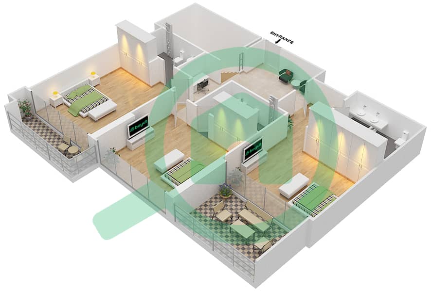 المخططات الطابقية لتصميم النموذج B شقة 4 غرف نوم - اويا رزيدنس interactive3D