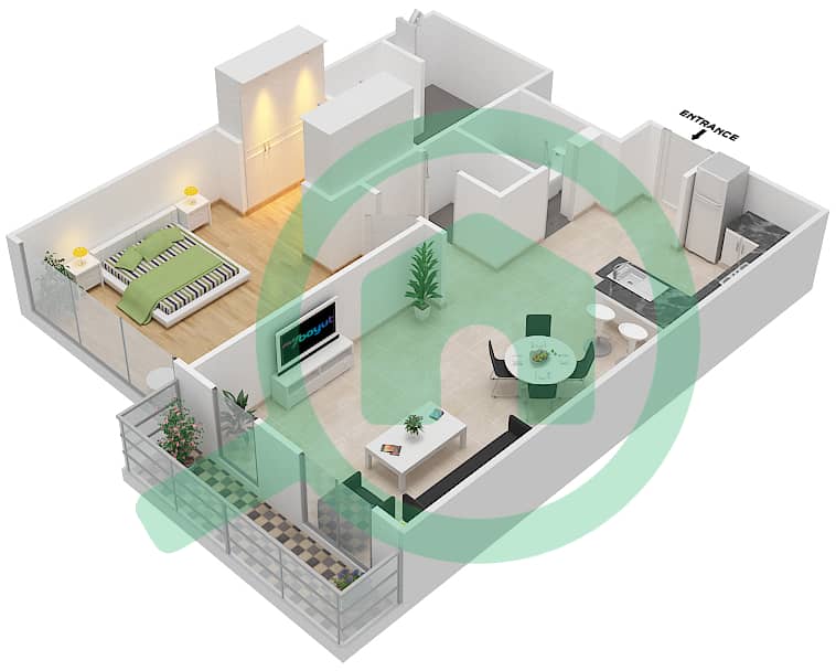 المخططات الطابقية لتصميم النموذج C شقة 1 غرفة نوم - اويا رزيدنس interactive3D