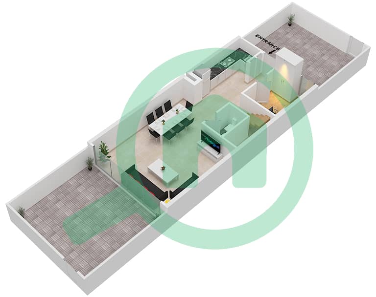 المخططات الطابقية لتصميم النموذج A تاون هاوس 3 غرف نوم - ذا جيت Ground Floor interactive3D