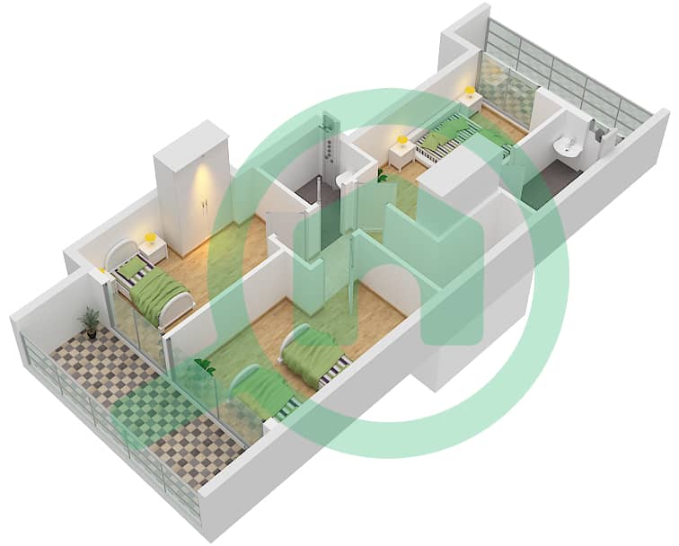 المخططات الطابقية لتصميم النموذج A تاون هاوس 3 غرف نوم - ذا جيت First Floor interactive3D