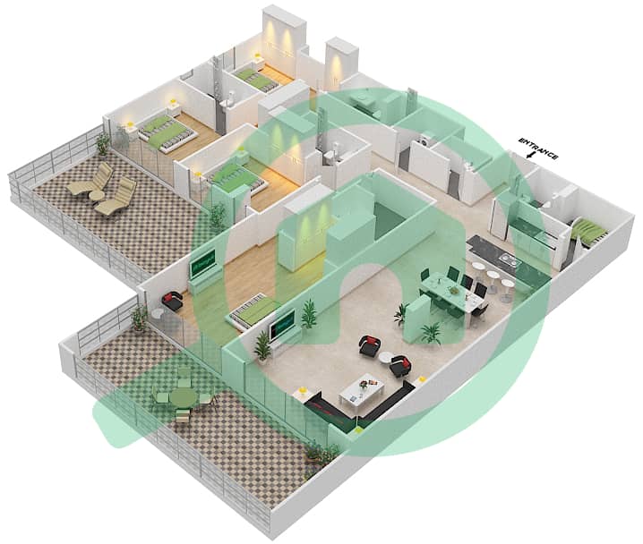 المخططات الطابقية لتصميم النموذج F شقة 4 غرف نوم - اويا رزيدنس interactive3D