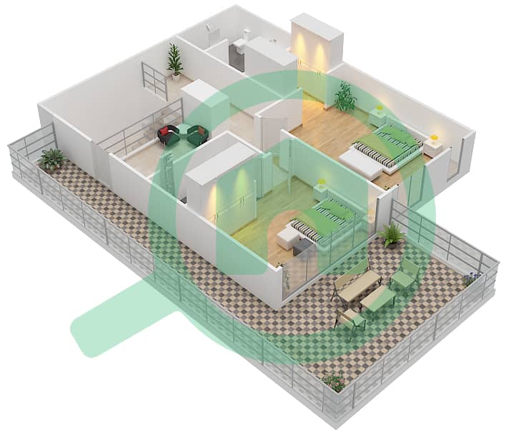 المخططات الطابقية لتصميم النموذج A شقة 3 غرف نوم - اويا رزيدنس interactive3D