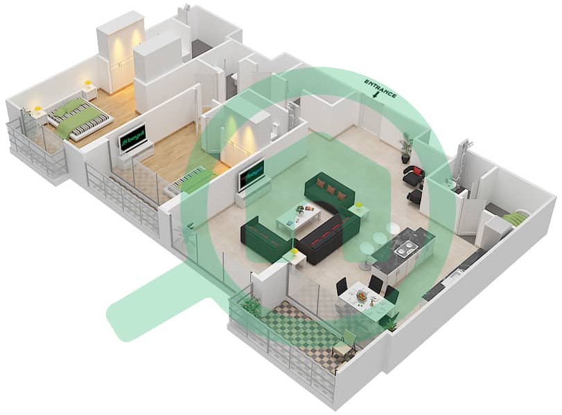 المخططات الطابقية لتصميم النموذج D شقة 2 غرفة نوم - اويا رزيدنس interactive3D