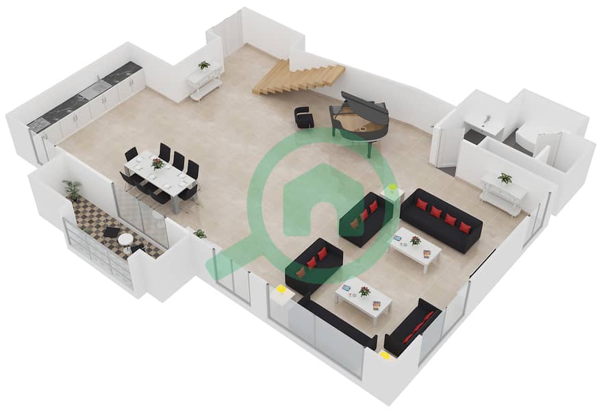 المخططات الطابقية لتصميم الوحدة L01 شقة 1 غرفة نوم - مرجان 1 Lower Floor interactive3D