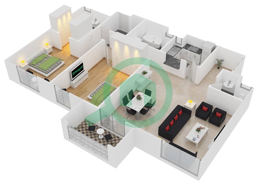慕然恩1号楼 - 2 卧室公寓单位20戶型图 interactive3D