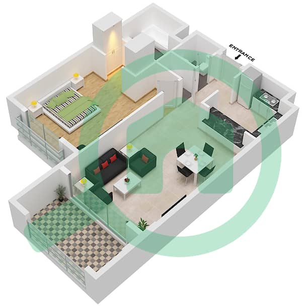 المخططات الطابقية لتصميم النموذج A شقة 1 غرفة نوم - أنسام 1 interactive3D