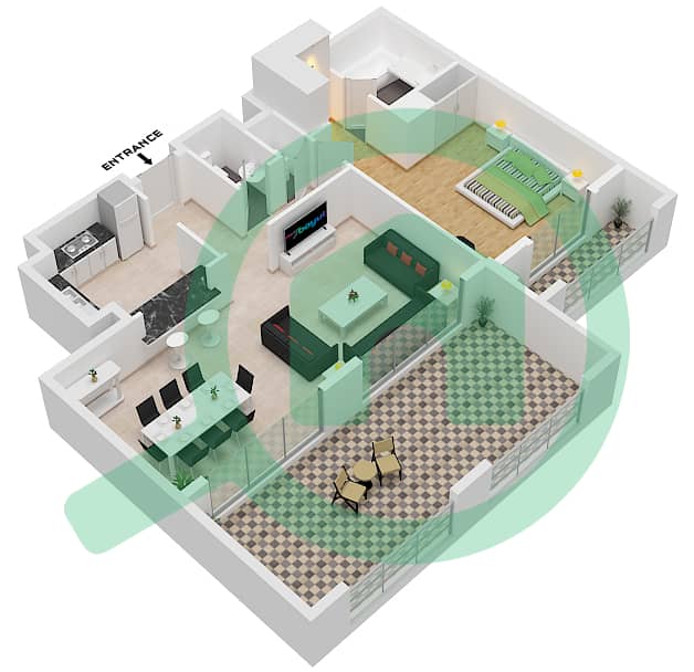 المخططات الطابقية لتصميم النموذج B شقة 1 غرفة نوم - أنسام 1 interactive3D