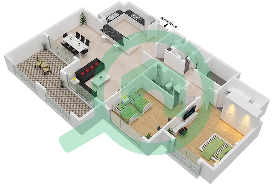 المخططات الطابقية لتصميم النموذج A شقة 2 غرفة نوم - أنسام 1 interactive3D