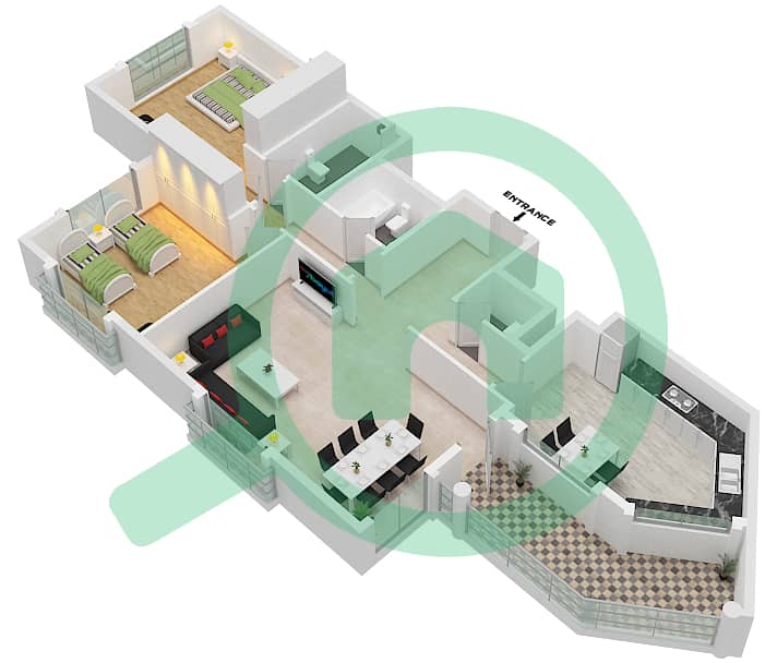 المخططات الطابقية لتصميم النموذج C شقة 2 غرفة نوم - أنسام 1 interactive3D