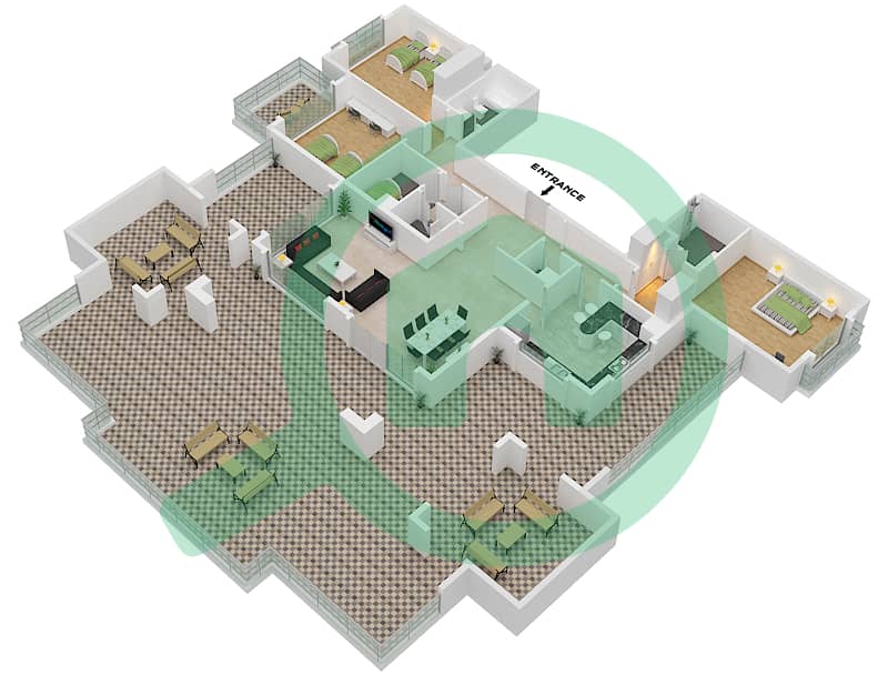 المخططات الطابقية لتصميم النموذج B شقة 3 غرف نوم - أنسام 1 interactive3D