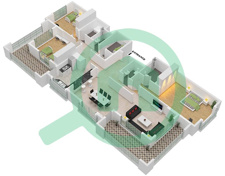 المخططات الطابقية لتصميم النموذج A شقة 3 غرف نوم - أنسام 1 interactive3D